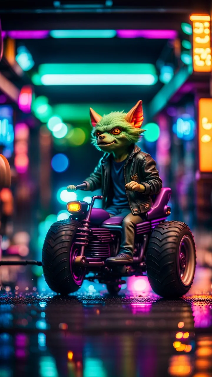 portrait of slick lord water wolf Gremlin myth buster pimp ninja yoga cyber punk in flying hipster lawn Harley Davidson tractor parked in dark neon lit reflective wet arcade hall tunnel,bokeh like f/0.8, tilt-shift lens 8k, high detail, smooth render, down-light, unreal engine, prize winning