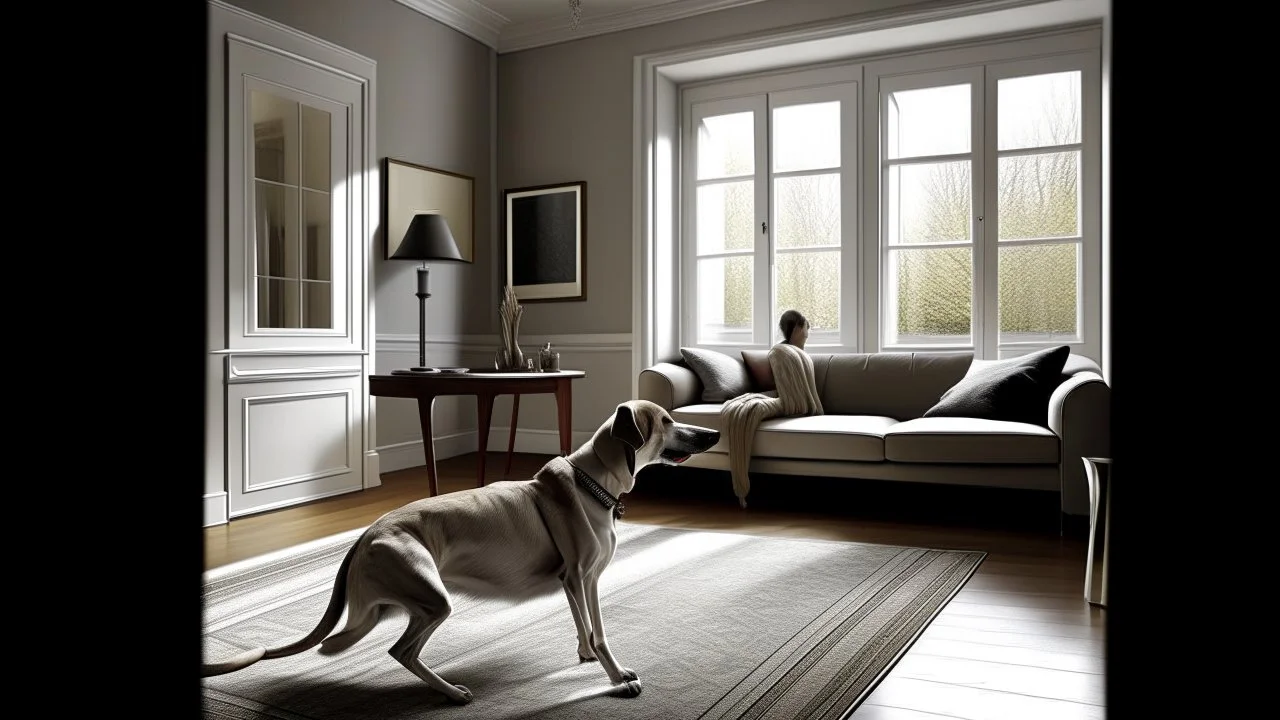 The greyhound rested on the living room carpet, while the woman admired the minimalist lines of her modern house.