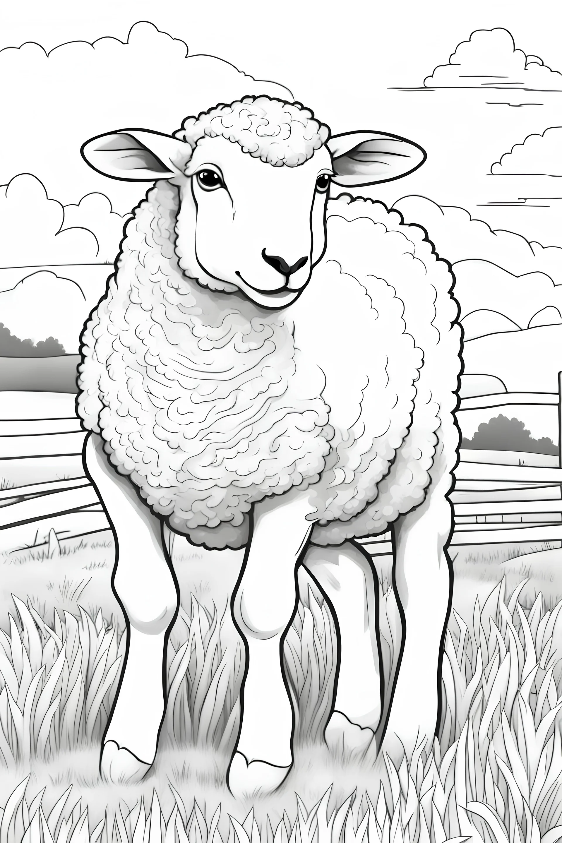 black and white coloring page for kids of a sheep on a farm; line art; no color, no greyscale, no deformity