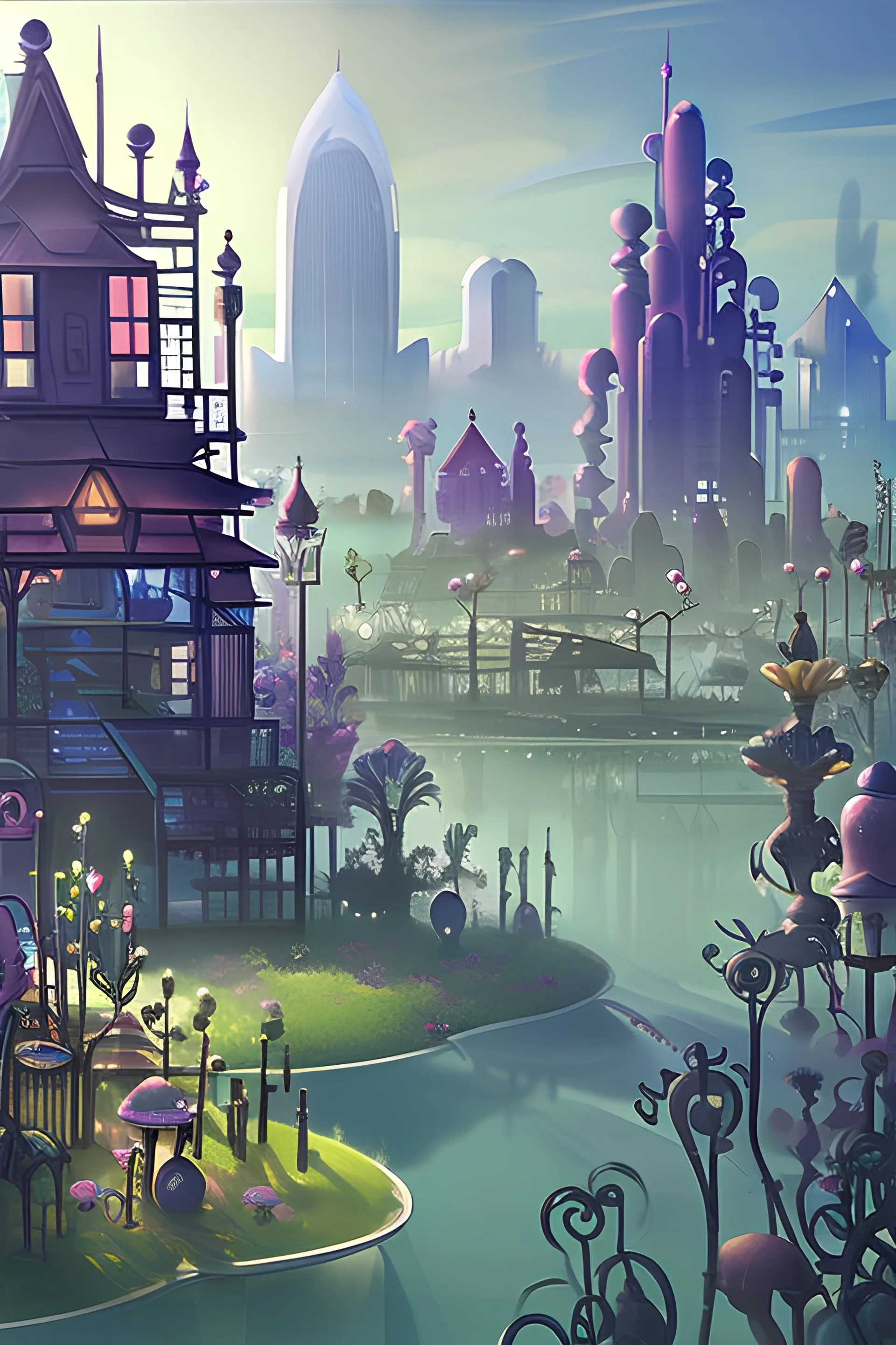 Create a surreal cityscape with floating buildings and mistCreate a magical garden with enchanted flowers and creatures