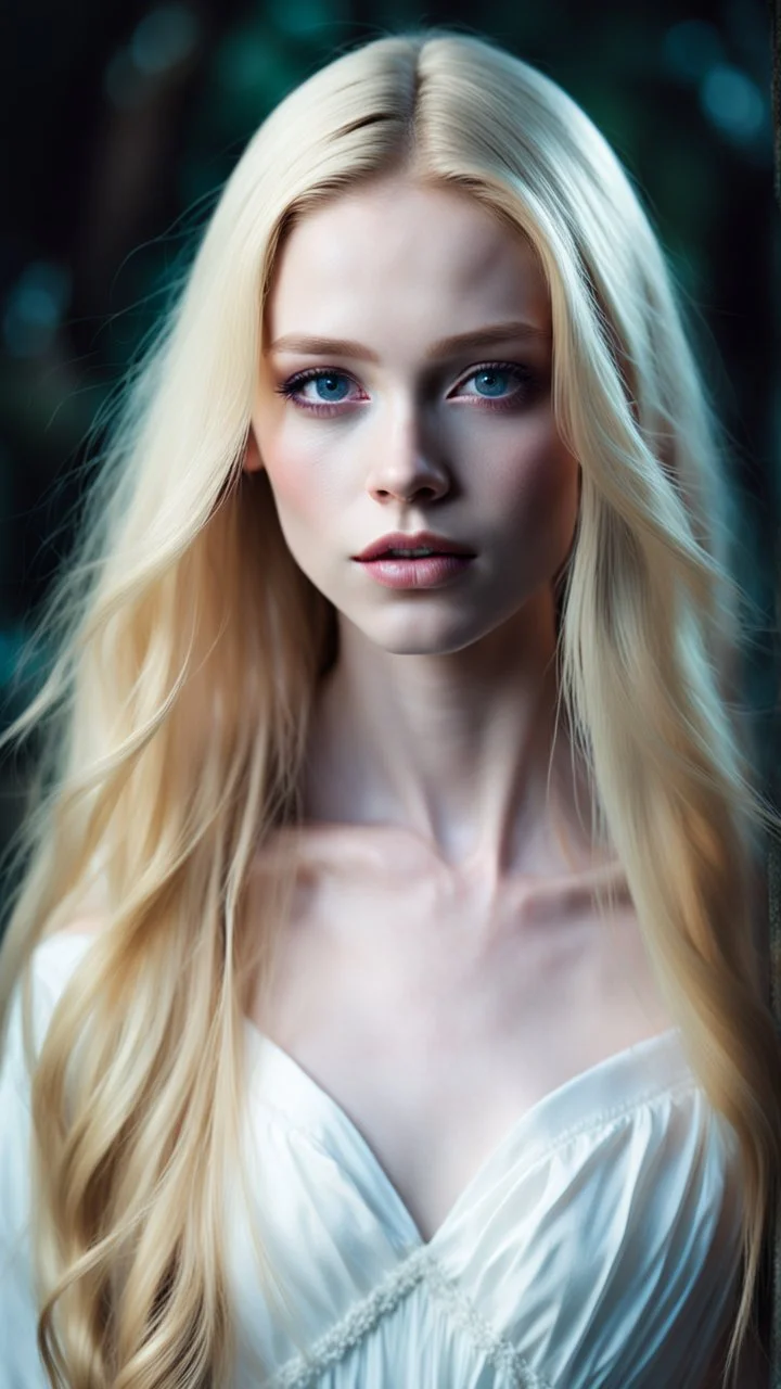 portrait of an 18 year old pretty female with pale skin. Her long blonde hair hangs loose on her shoulders. Shes wearing a simple white dress. Her eyes are different colours. Dark fantasy. Hyperrealistic