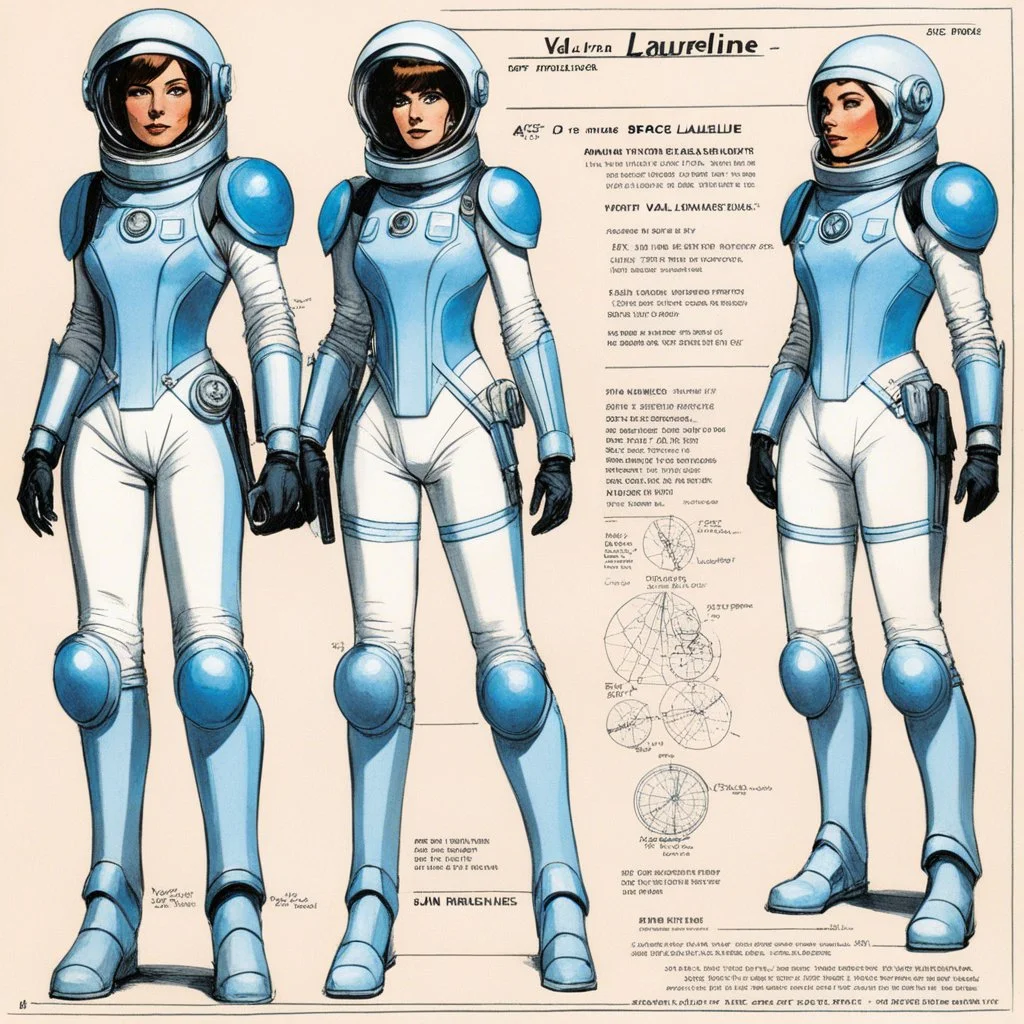 character concept sheet with AD&D statistics and characteristics for the TTPRG "Valerian and Laureline", [illustration by Jean-Claude Mézières (1967)] spacio-temporal agent Lyra Vey (female human), in spacesuit, ready on trade