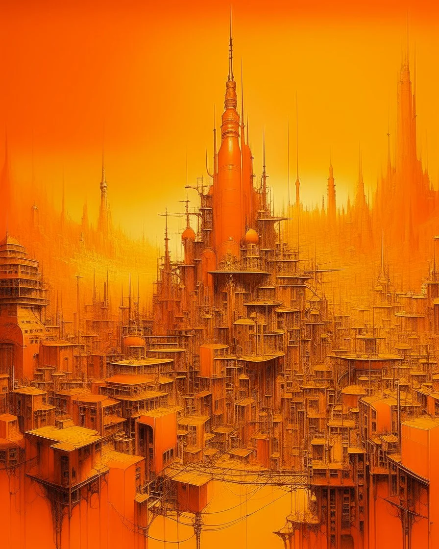 An orange colored electrical metropolis painted by Henri-Robert Bresil
