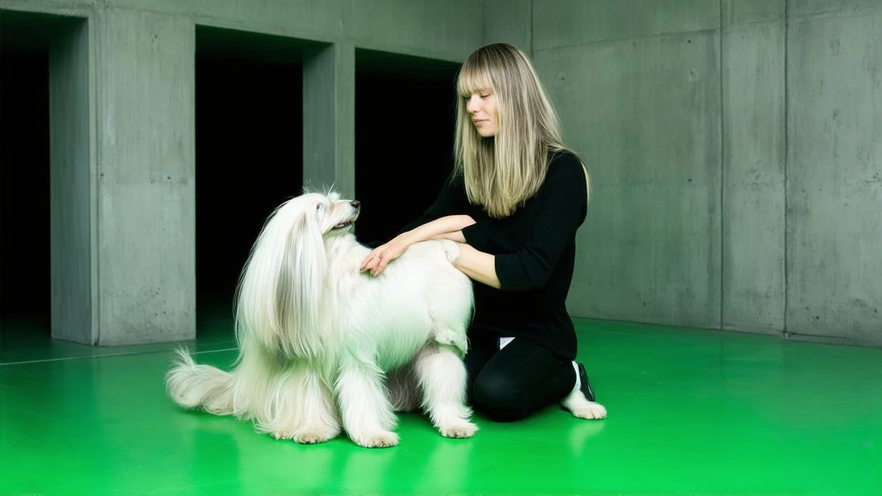 A woman with ash-blonde hair sits on the bright green floor of a concrete room, petting a long-haired white dog. The room has a minimalist aesthetic with light concrete walls and dark openings leading to other areas.