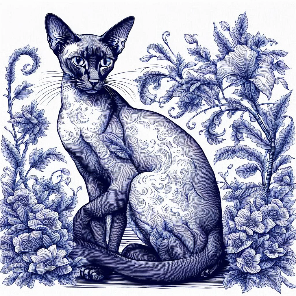 detailed Toile De Jouy style Oriental shorthair Siamese cat sitting in a garden. done in blue on white background