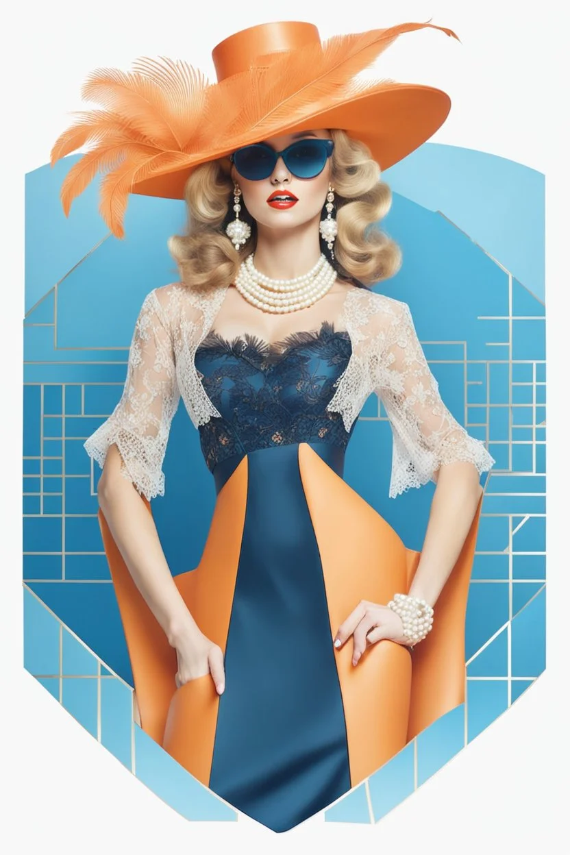 full body beautiful girl, elegant orange,lace clothes of the 80s, luxury style, small elegant hat with feather, hair of the 80s, pearl necklace, earrings masterful, beautiful face,blue backdrop