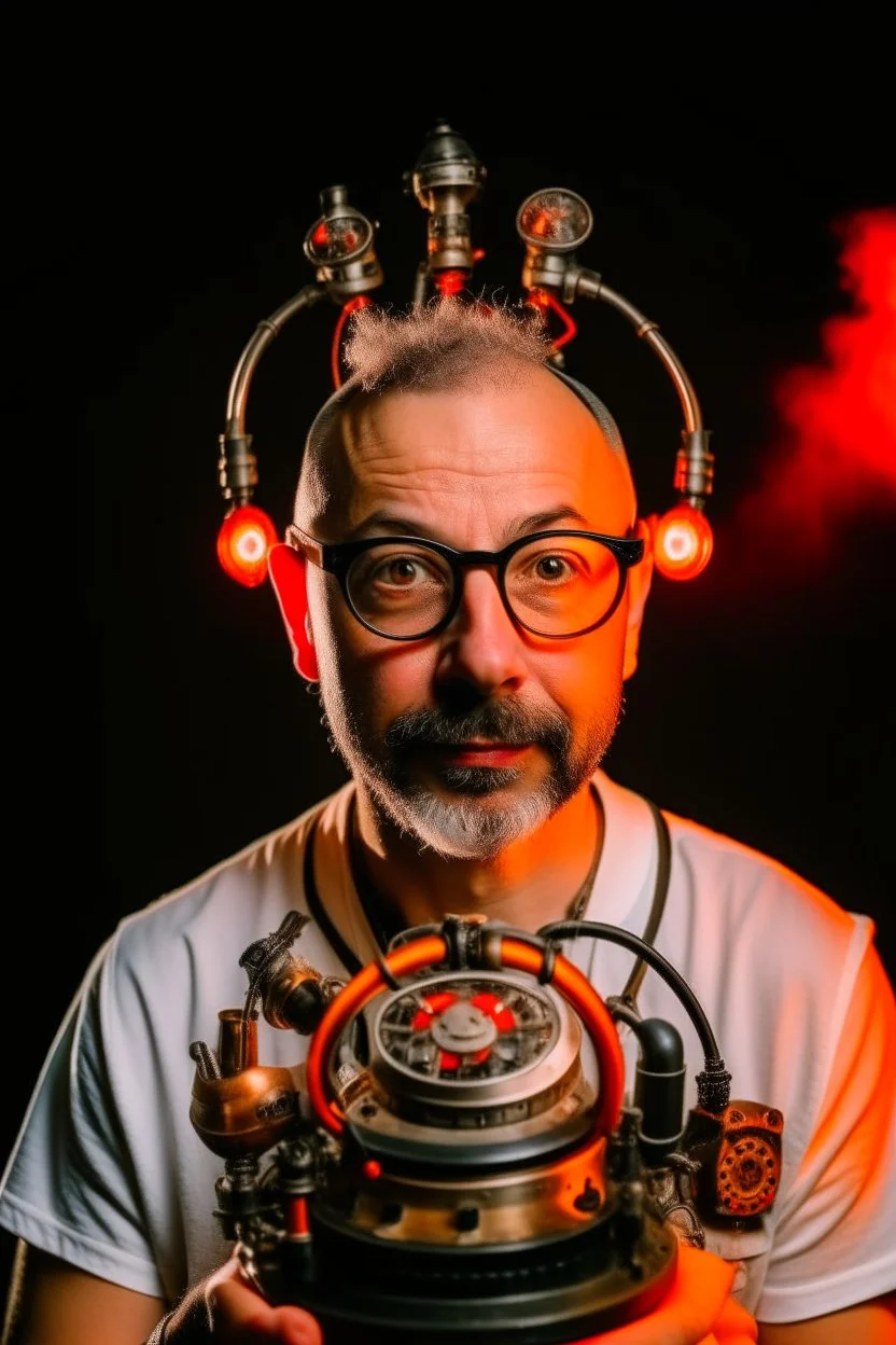 Portrait of a man with a radio helmet on his head. Wearing glasses. A small beard of pepper and salt. He is bald. White. He is a metal fan and. Flames surround him. In the background, a robot gives him a finger of honor.