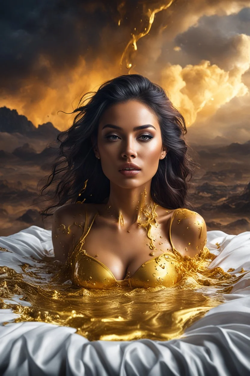 A hyper-realistic photo, beautiful woman in bed disintegrating into gold dripping ink and slime::1 ink dropping in water, molten lava, , 4 hyperrealism, intricate and ultra-realistic details, cinematic dramatic light, cinematic film,Otherworldly dramatic stormy sky and empty desert in the background 64K, hyperrealistic, vivid colors, , 4K ultra detail, , real photo, Realistic Elements, Captured In Infinite Ultra-High-Definition Image Quality And Rendering, Hyperrealism,