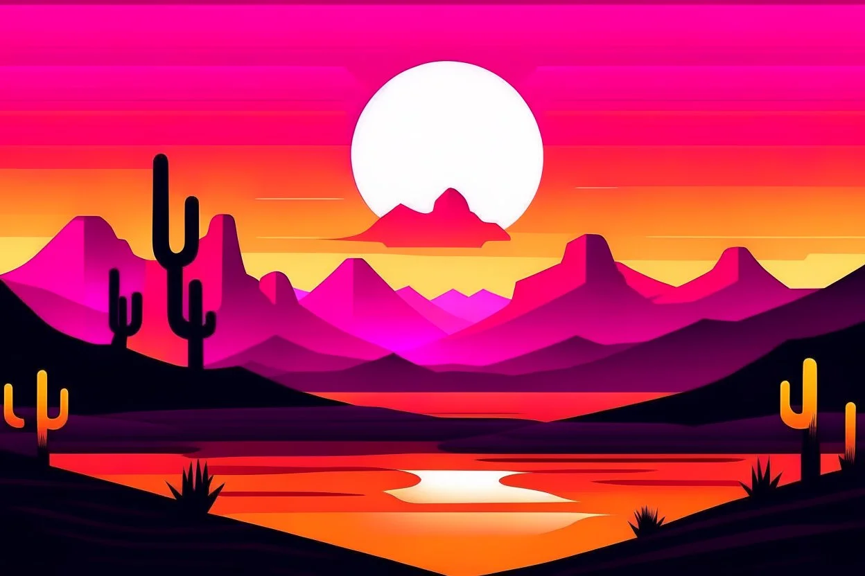 poster purple, pink orange, desert sunset, retro poster design