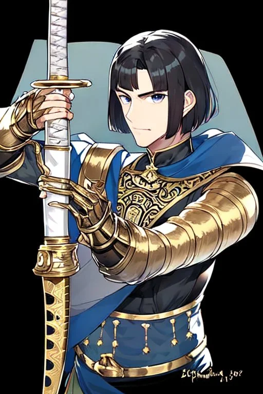 A handsome 30 year old knight, black hair, dark blue eyes, male bob haircut, in black-and-gold plate armor, golden katana in hands, no beard, european, portrait