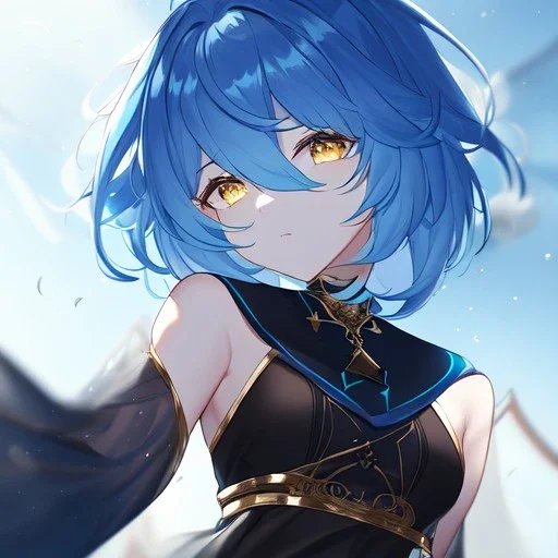 Clear focus, High resolution, short light blue fluffy hair, hair between eyes, yellow eyes, wearing black magma shorts, detailed outfit, blue and black outfit, gold accessory, female