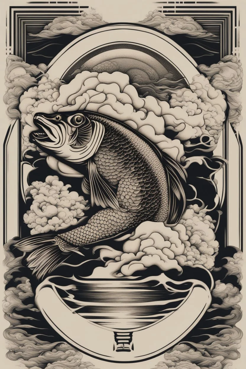 Create a captivating modern 2d ink tattoo design for print , prestigious Sacred Carp using the elegant influences of japan art style, for print, dynamic elements from fashion and design, and bold Japanese contemporary art aesthetics, framing centered in the center, distanced from the edges of the paper perimeter, perfect anatomy, bauhaus, Divine Proportion,