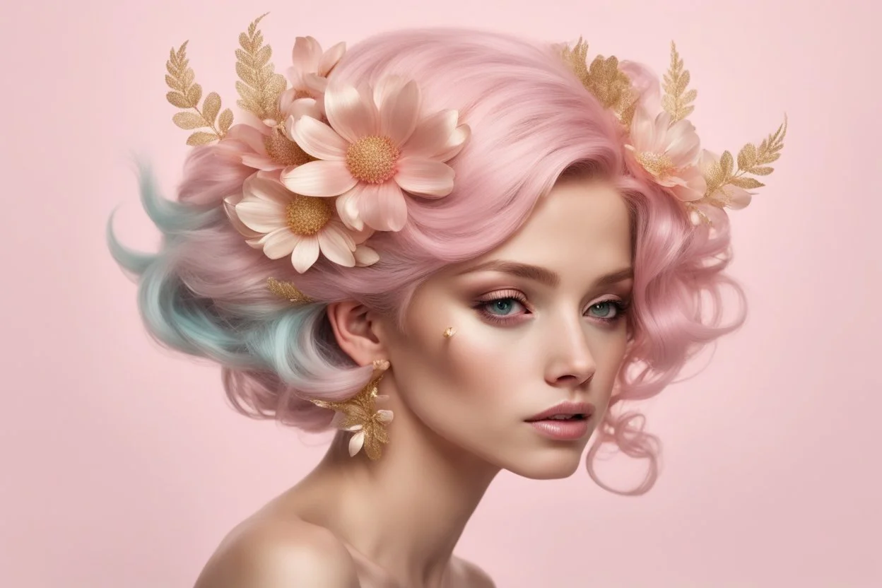 русалка, короткие волосы, а по бокам аксессуар виде цветов, палитра розово золотая, нежные пастельные цвета, красивая, нежная