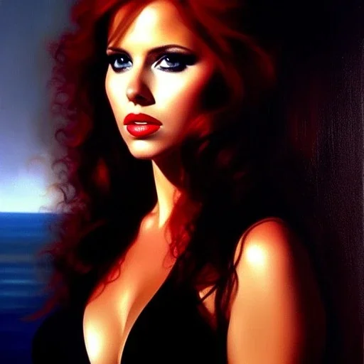 portrait of beautiful busty Black Widow painting by Brom , oil on canvas, cinematic composition, extreme detail,fit full head inside picture