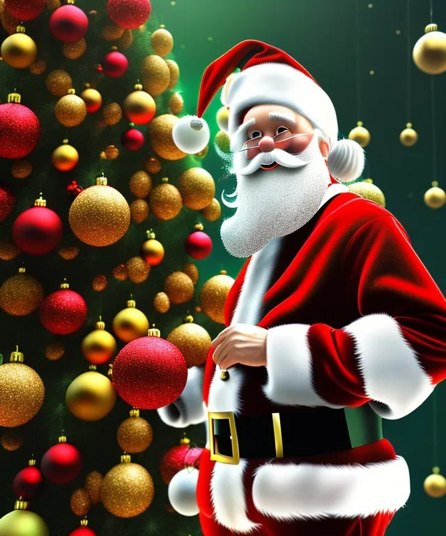 Small Santa Claus hanging on a branch of a giant christmas tree, midjourney style, 8k, photorealistic, cinematic lighting, dramatic, atmosphereric,