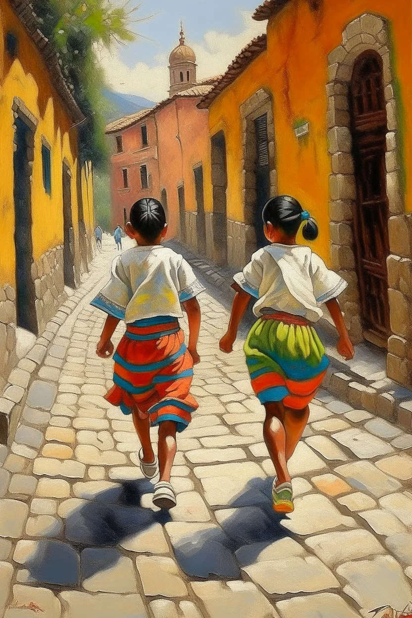 2 maxican childeren running traditional clothes painting neoclassism in a traditional mexican city from the back