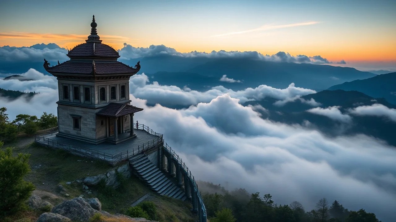 A quiet, ancient temple on a mountainside at sunrise, surrounded by clouds and overlooking a peaceful valley. Photographic quality and detail, award-winning image, beautiful composition.