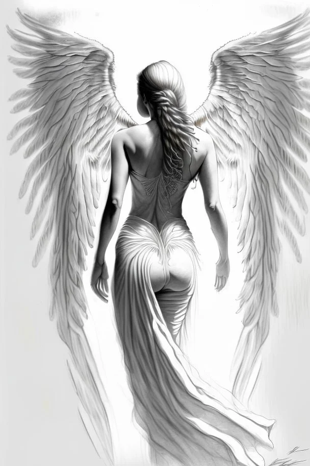 full body woman angel from back, angel wings coming through from her back skin, bun haired angel wearing long tunic ultra realistic drawing