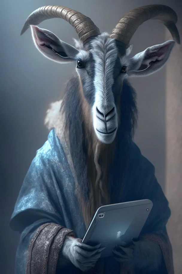 Thug goat holding ipad, dramatic lighting, matte painting, highly detailed, cgsociety, hyperrealistic, --no dof, --ar 2:1