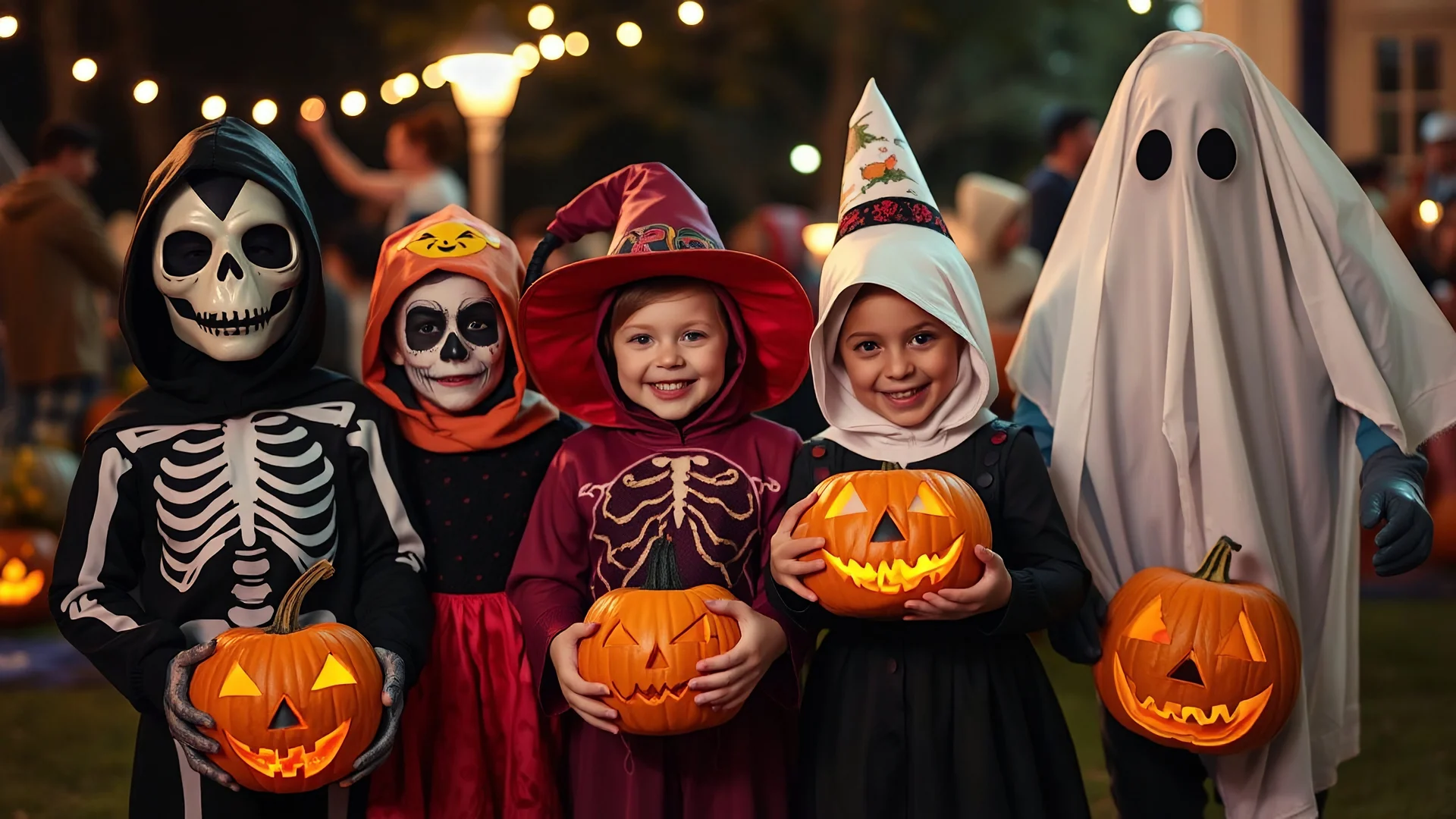 Halloween celebration, young children in disguises, fancy dress, scary masks, skeleton, ghost, trick-or-treat, fun, happy, excitement, carved-pumpkin-faces, spooky, night, award-winning photograph