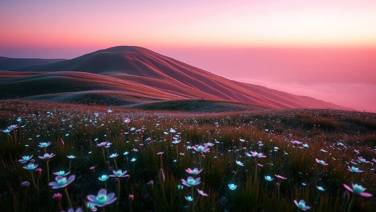 Alien Meadows at Dawn: A vast hillside landscape bathed in soft pink and lavender light, adorned with bioluminescent flowers glistening in the early morning dew.