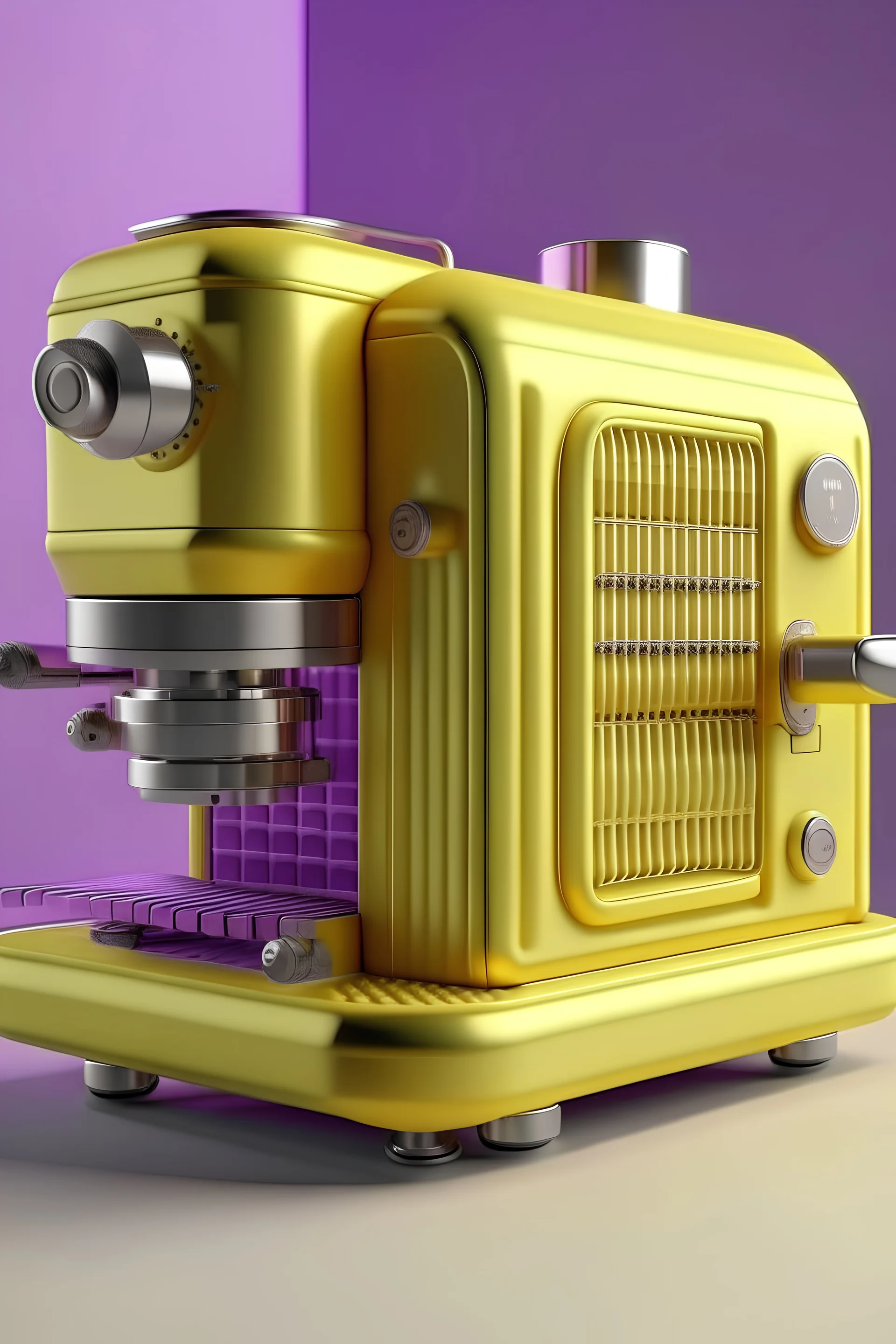 caffe machine with different textures in pastel yellow and violet color with metalic details look like in Cinema 4D