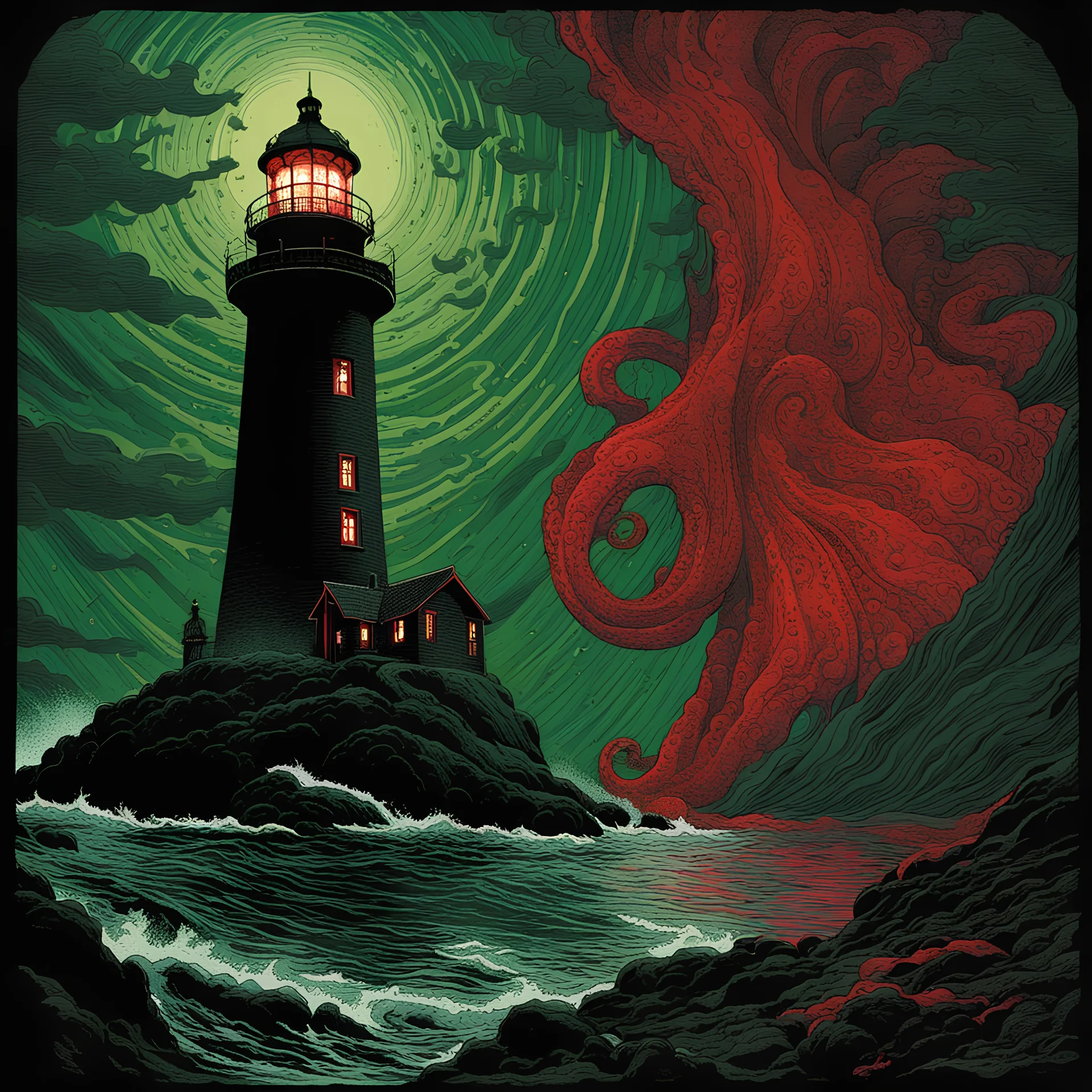 color Ink illustration by Phillipe Druillet, heavily inspired by the unsettling symbolism of Virgil Finlay and Boris Valejo, depicting massive Cthulhu rising over a lighthouse in a driving rainstorm, red and dark_green and black color scheme dominating the artwork, grim narrative, smooth illustration, chilling Eldritch motifs, UV reactive color slashes, textured surface, ominous representation, unsettling.