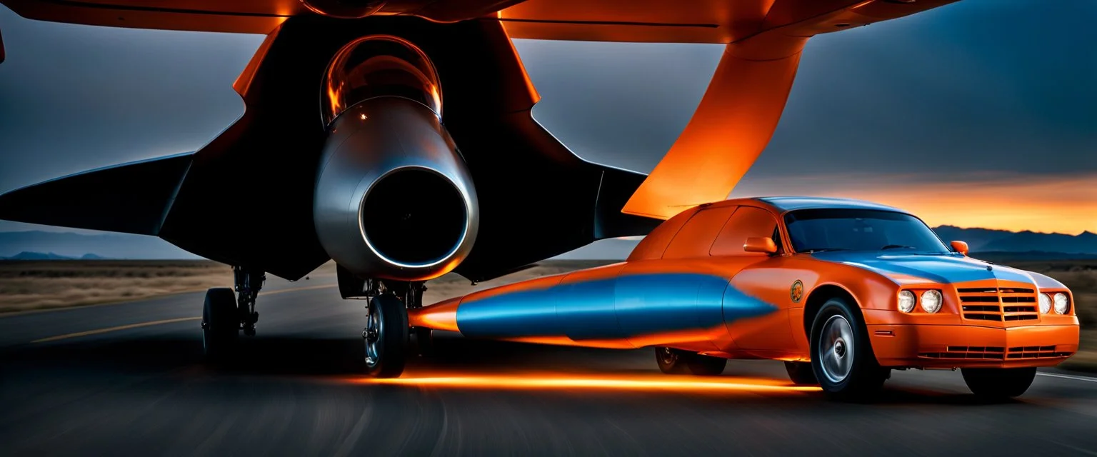 A national geographic award winning photograph of a military fighter jet station wagon elephant hybrid bilaterally symetrical designed by skunkworks, only one vehicle per image painted metallic orange traveling at a high rate of speed, jet intake off of front center of vehicle and jet exhaust out the rear with bright blue flame soviet retrofuturism, taken from drivers side front at a angle from up and to the rear