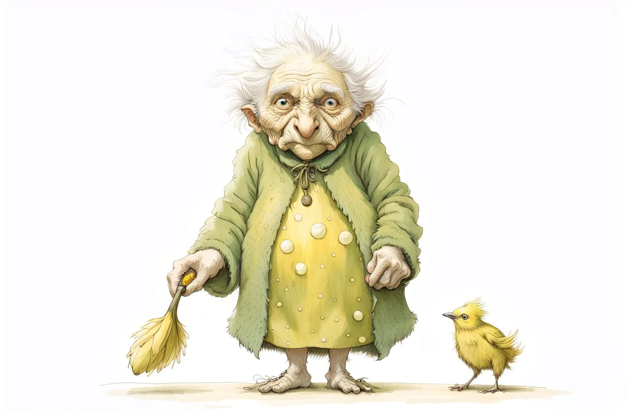 Artist Jean-Baptiste Monge style. A biomorph banana-headed old woman. White eyes. A yellow dotted green furry feathered fluffy dress.