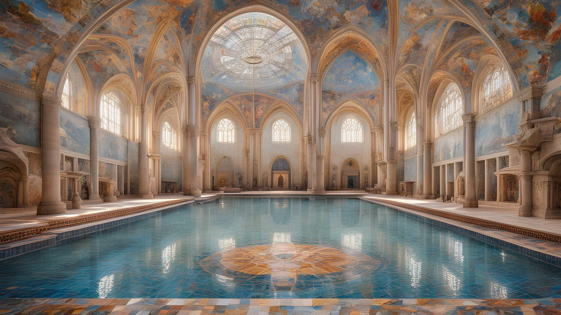 Superb symmetrical pictorial multicoloured mosaic floor, swimming pool, bathers, swimmers, water feature, walls with pictures of bathers and swimmers, symmetrical cathedral style high ceiling, relaxation, romance, luxury, dream world, calm beauty, perfect symmetry, fantasy world, magic, beautiful symmetrical composition, exquisite detail, 85mm lens, adjust perspective, chiaroscuro, night, darkness, dramatic lighting