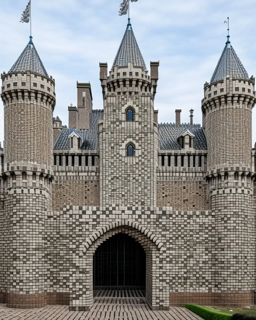 A light gray castle made out of bricks designed in medieval tapestry painted by Piet Mondrian