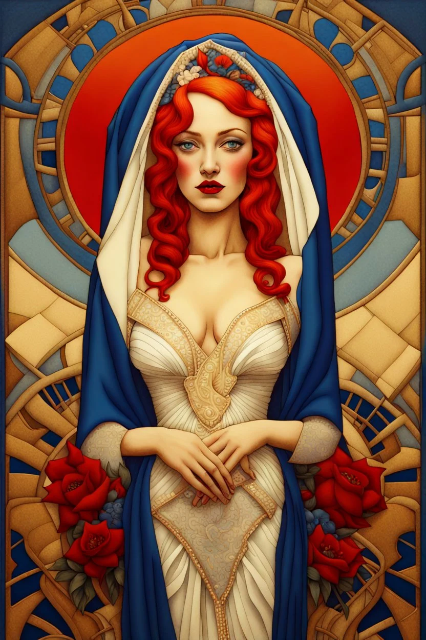 3D image, a beautiful art deco bride with red hair, white and blue veil, beautiful eyes, red lips, blue flowers, bold gold, sensuality, fantastical surrealistic, elegant, beautiful high definition acrylic art, sunrise, watercolor patchwork, Daniel Merriam style, Ivan Bilibin, Ernst Haeckel, Jean-Baptiste Monge, Picasso, Caspar David Friedrich, Jacek Yerka, Richard Dennis, Joe Fenton, Andree Wallin, İsmail İnceoglu, Wassily Kandinsky, Thomas Kinkade, line art, artstation, extremely detailed, intr