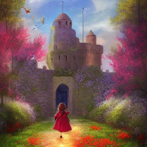  Castle into sky, with flowers of fire. Green clouds and birds. Shy girl going out of the main gate. Detailed painting, soft color, medieval, intricate detail, far sceen, complementary colors, medieval concept art, spring.