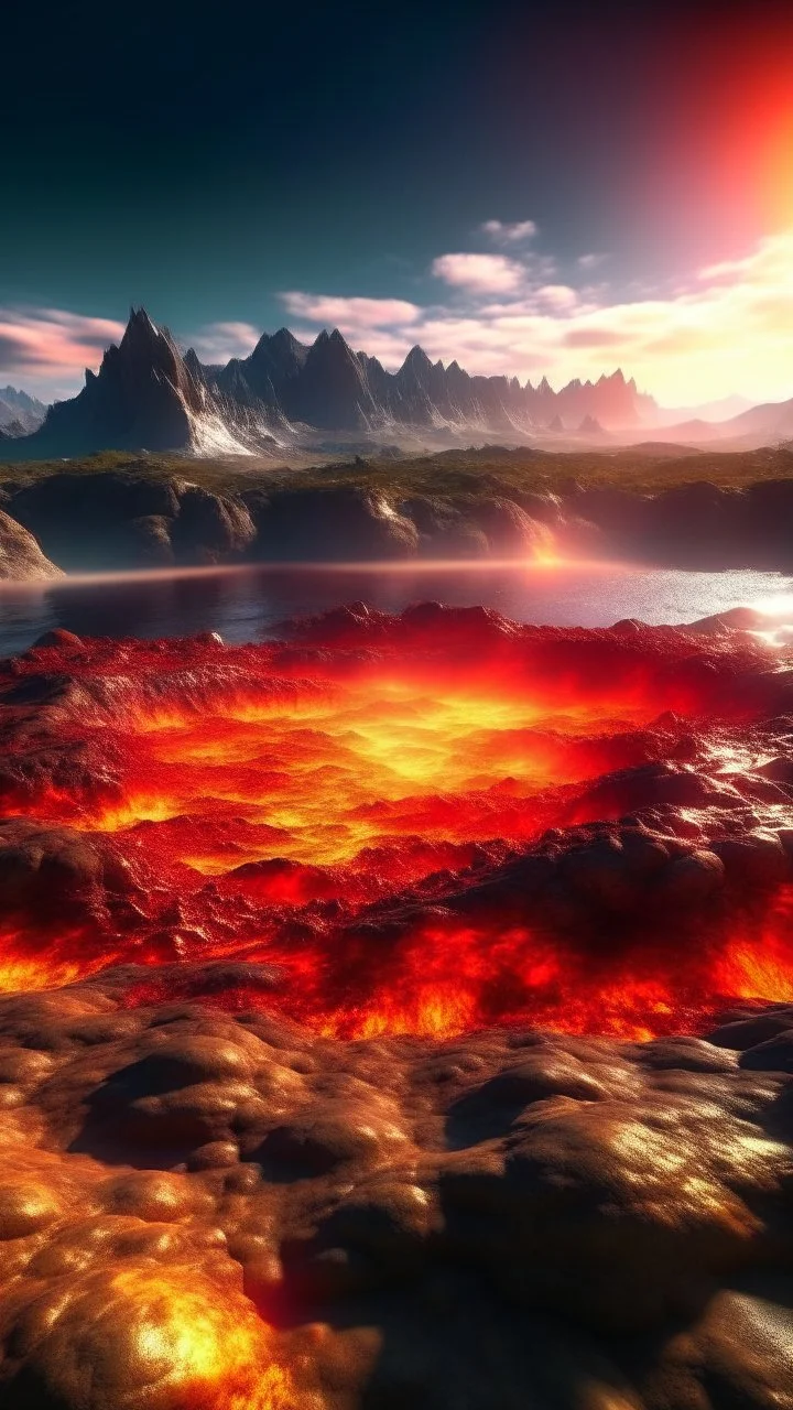 Lava lake in hell with land surrounding it, realistic close up