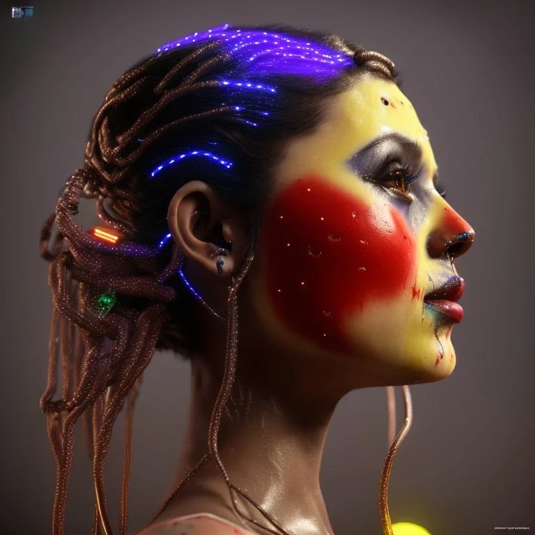 pretty Colombia cyber woman, cold ambient, latex, cables, purpurin, blood, black, gold, piercings, brown, decorative color feathers, circuits, neon style, a lot of led lights, fog, rain, vibrant color, highly detailed, art stations, concept art, smooth, unreal engine 5, god rays, ray tracing, RTX, lumen lighting, ultra detail, volumetric lighting, 3d, finely drawn, high definition, high resolution.