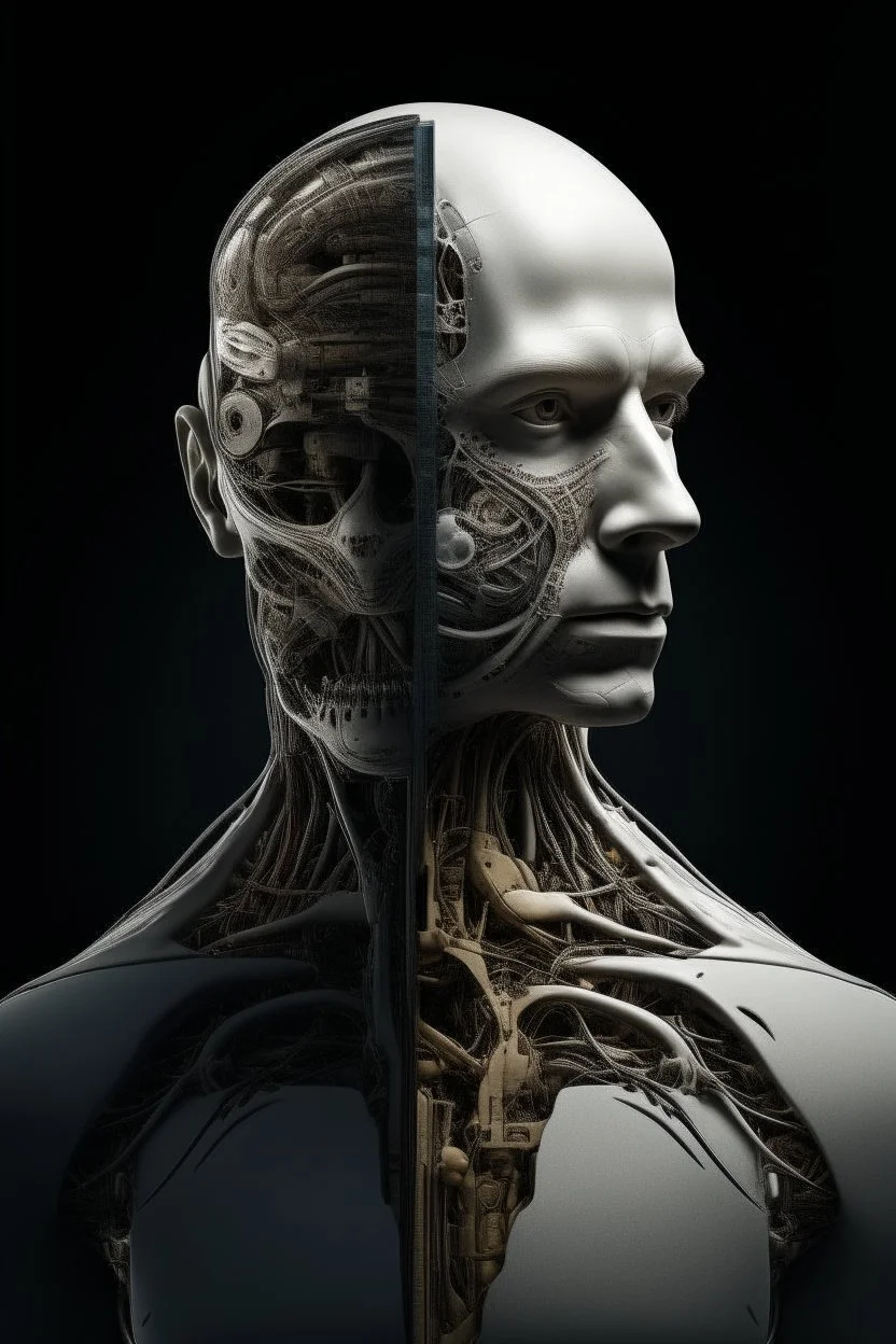 A creature half human half machine front view