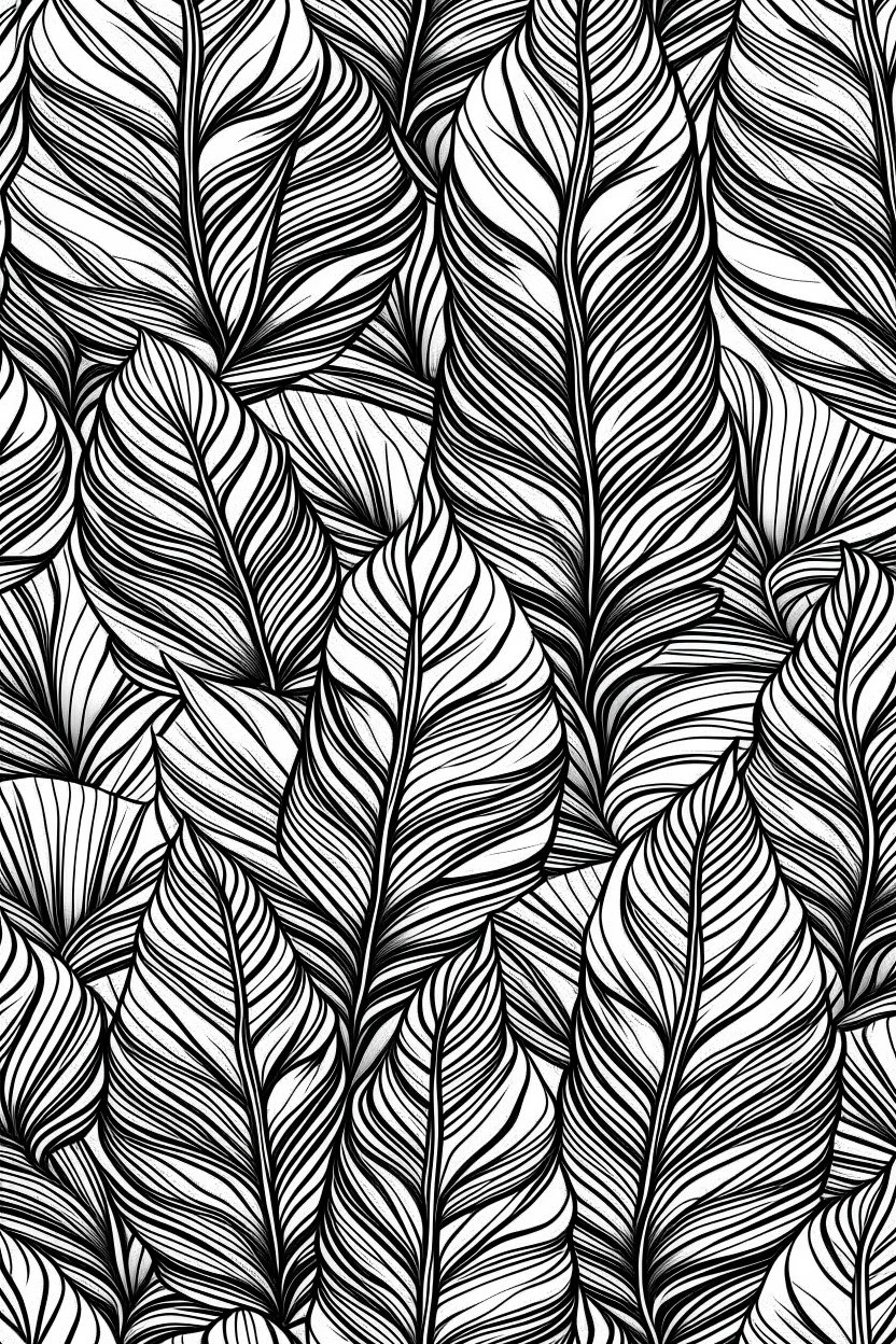 seamless banana leaf wallpaper pattern in vector lines, full page, black lines and transparent background