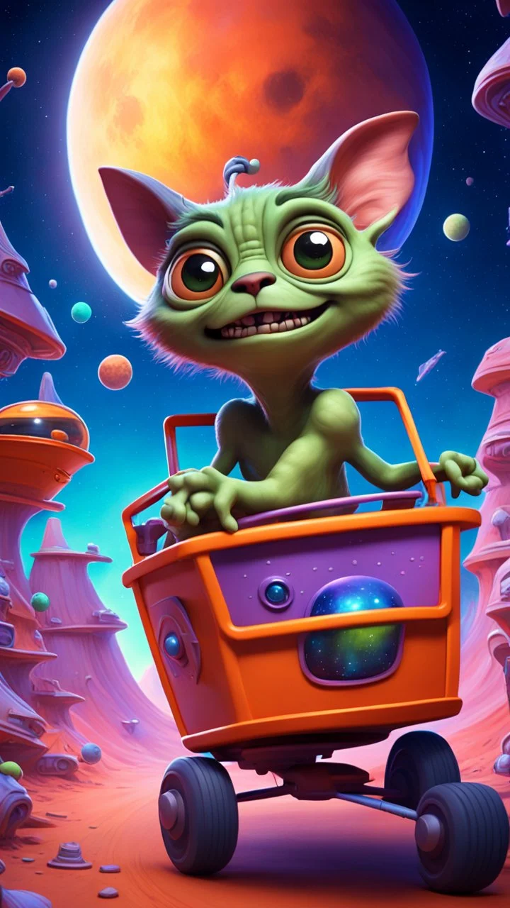 big ass space repugnant hairy alien gremlin puma in tiny cart floating around in space among weird living space camper ship driving down weird twisted track, spell jammer, Pixar-inspired, expertly crafted in a whimsical and vibrant cartoon style. is masterfully rendered in a lifelike 3D design, which captivates viewers with there irresistible charm. The background is filled with warm, inviting colors and a 3D render, creating a cinematic. depth of field