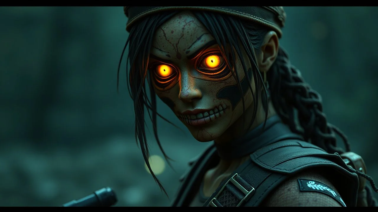 Island of the Dead Dolls (México) as a post-apocalyptic warrior woman with glowing eyes, wearing battered vietnam fatigues, cinematic lighting, trending on artstation, 4k, hyperrealistic, focused, extreme details, unreal engine 5, cinematic, masterpiece