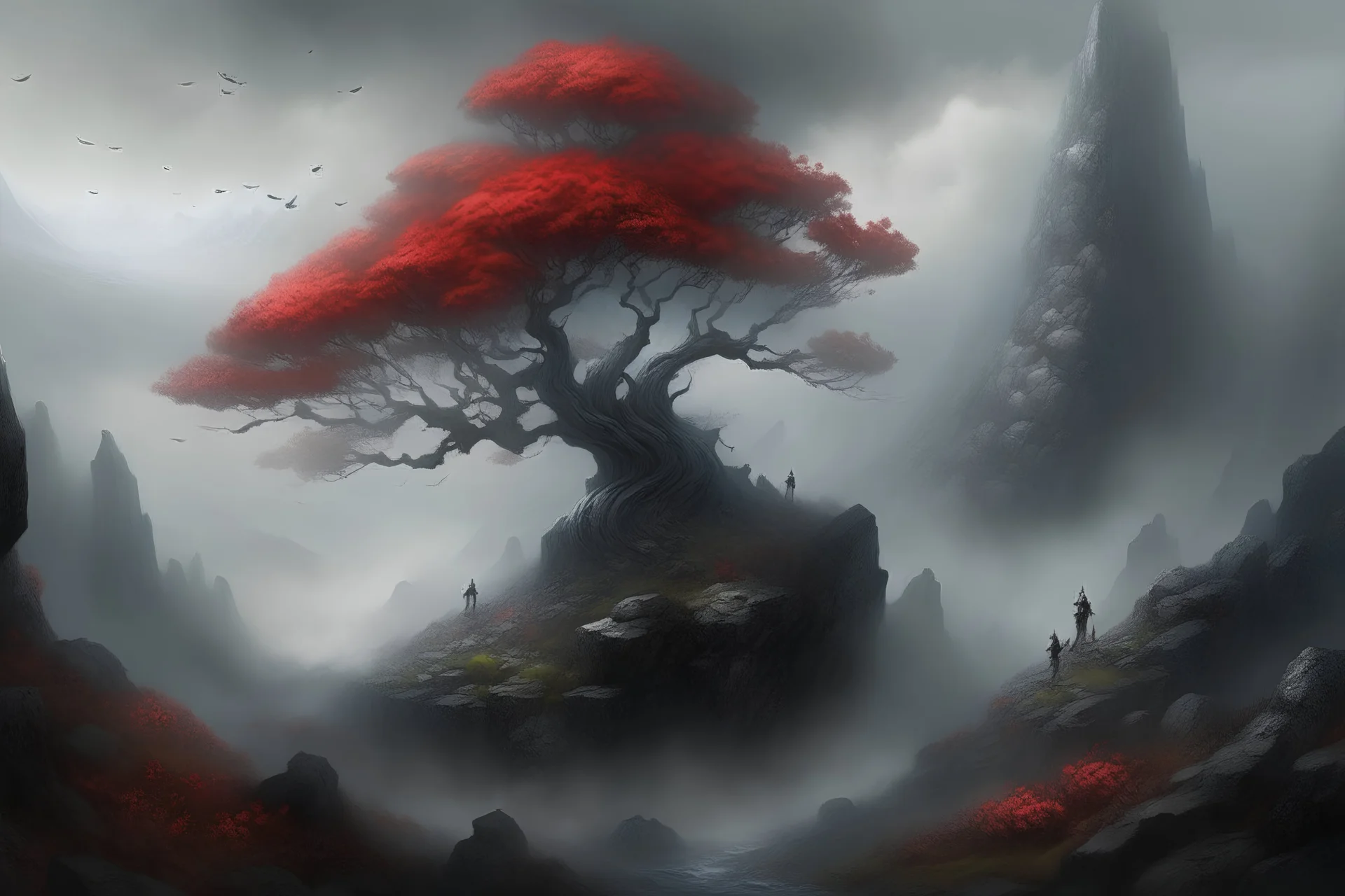 Mysterious old swirling tree with red blossoms standing of black gray stones on a cliff in distance beautiful mountains in smog and dust, beautiful landscape Painting, beautiful light and shadows Art by Ernst Helbig , fantasy Art, Conzeptart Digital painting surreal Artwork Artwork by DasAbra