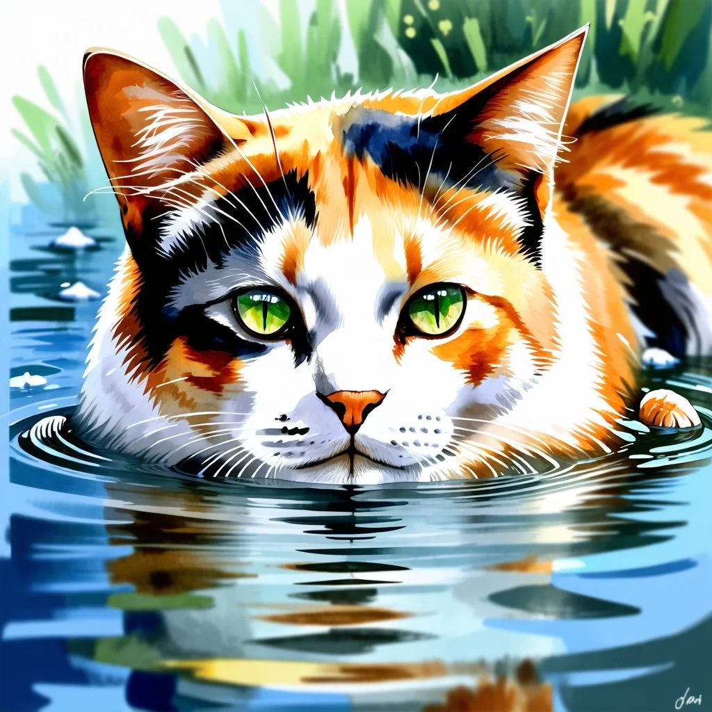 Golden ratio, ultra detailed watercolor painting, wet on wet painting, soft edges beautiful (((Masterpiece))) Create an image of a calico cat partially submerged in water, with its face and upper neck visible just above the surface. The cat has distinct patches of orange, black, and white fur, giving it a vibrant and colorful appearance. Its eyes are large and expressive, with a bright green hue that reflects the light filtering through the water. The background is a rich und