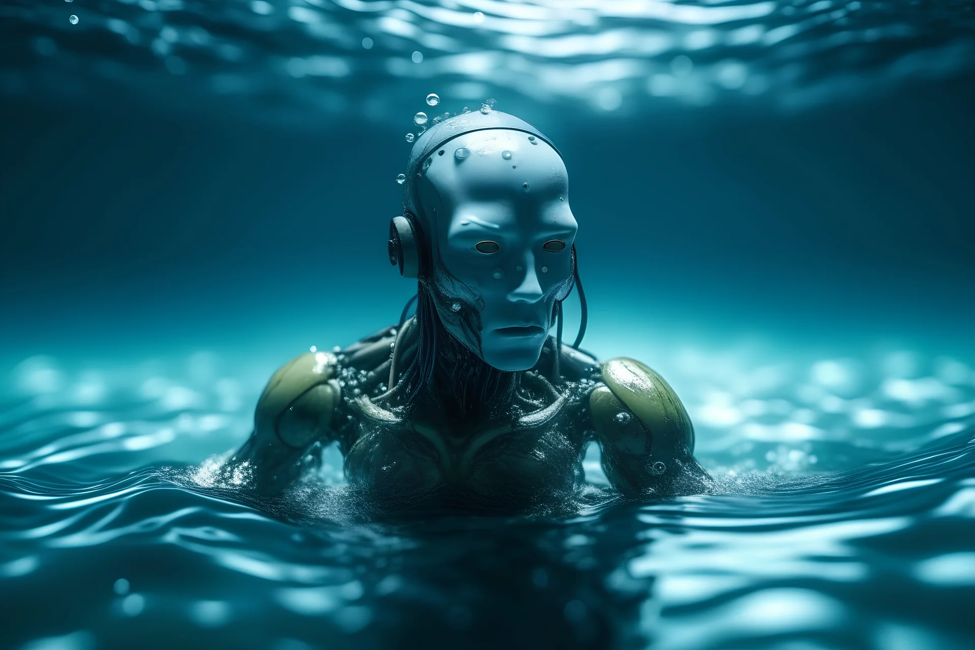 Please artistic photograph of an inverted, distorted robotic male in a watery ocean. Create a close-up, foggy, chromatic technicolor, and dreamlike atmosphere. Consider using lenses like sigma 85mm f/1.4, 15mm, or 35mm. Opt for high resolution (e.g., 4k, 8k, HD). Experiment with smears of primary color on the film. Thanks.