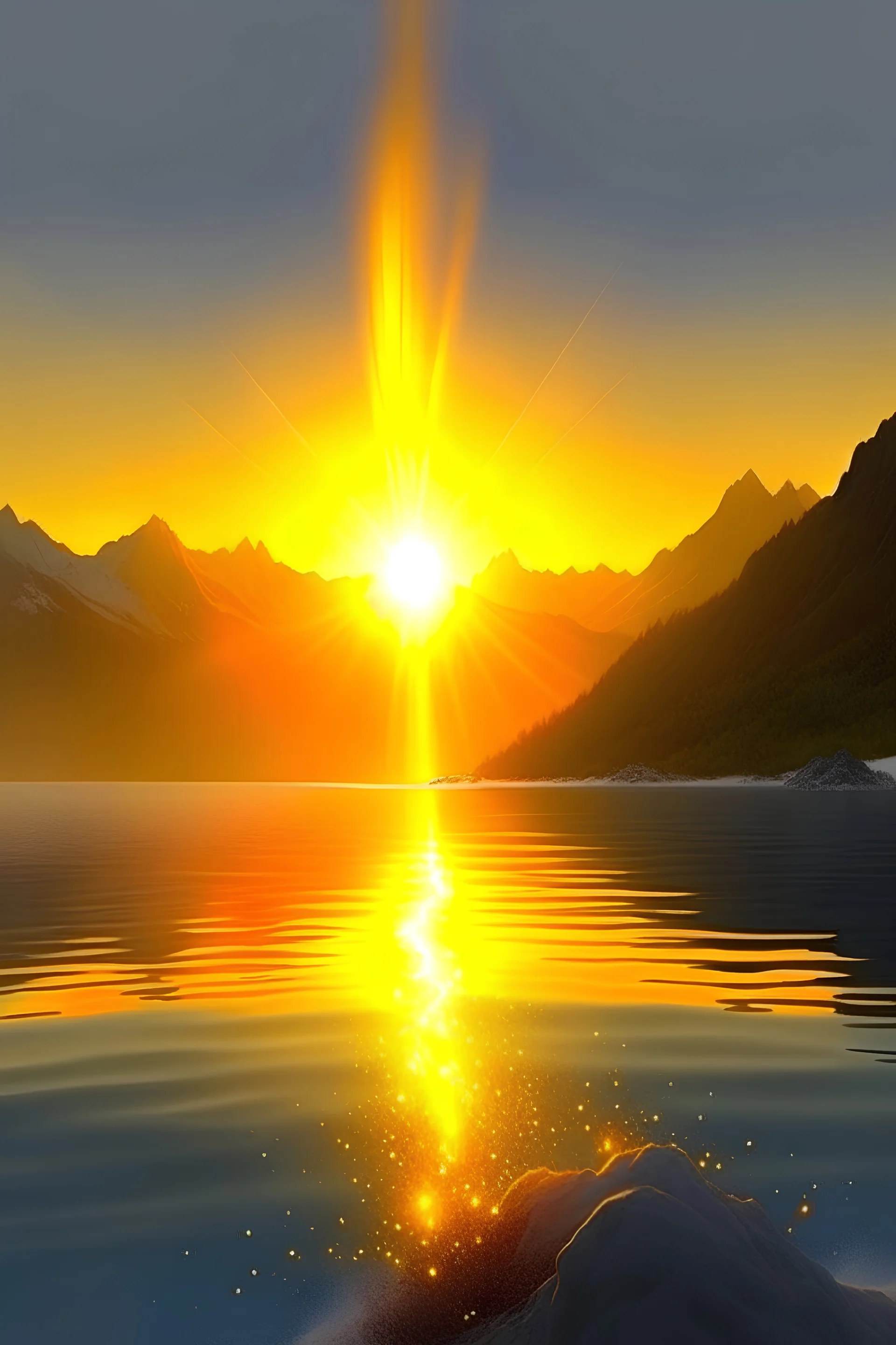 Water, air, little light fire on earth, Real swiss mountain, ocean landscape, Joy happiness, hyper real, sunrise, star