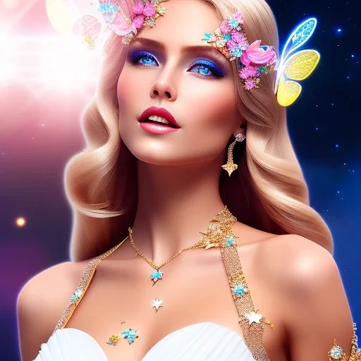 Full body Princess, sexy woman blondie, make up, beautiful smiling face,blue eyes, beautiful place,amazing, flowers, colors, blue and pink butterfly, realistic, photo real, stars night, detailed, high contrast, 8k high definition, unreal engine 5, extremely sharp detail, light effect, light background