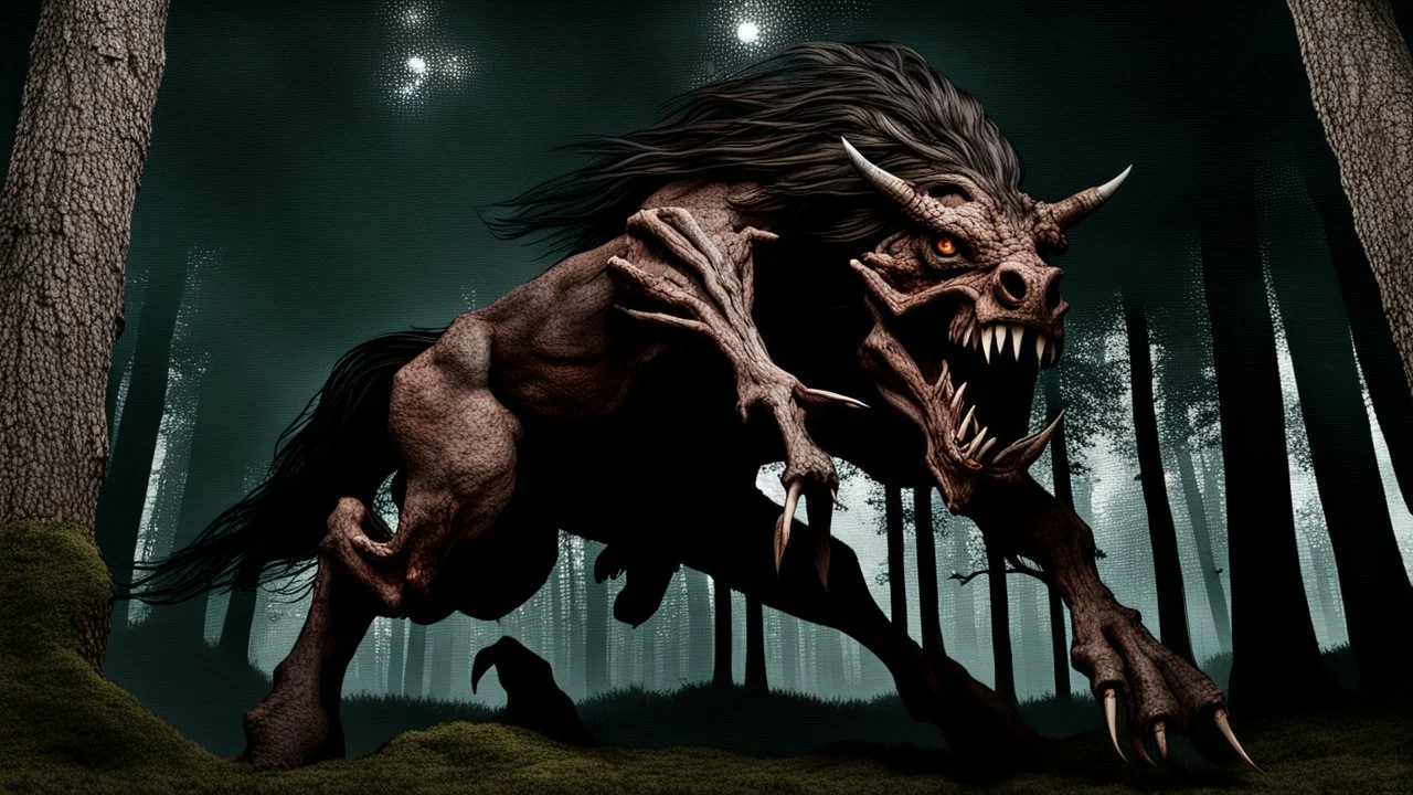 monster horse with claws and fangs in woodland