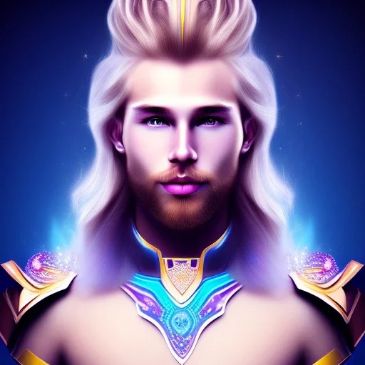 smiling beautiful long hair blond man face with small cristal diadem on the forehead , cosmic armor and cosmic purple and blue sky behind