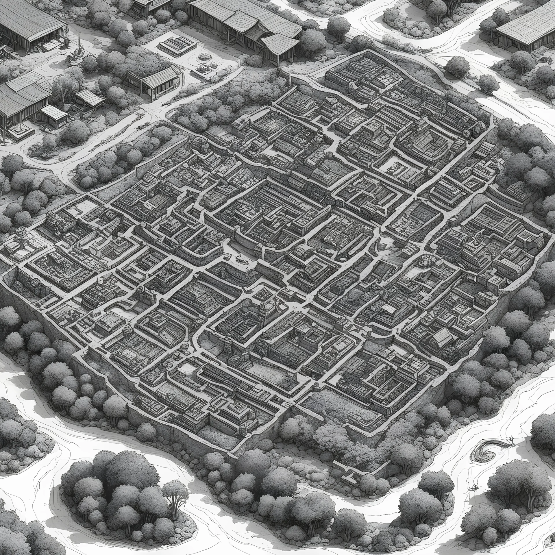 tabletop role-playing map of a very small minoan-etruscan village. aerial view in the style of Google maps satellite view. black and white line art ink drawing.