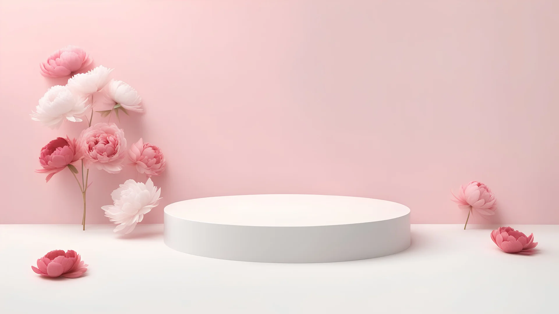 Mockup Empty White Podium With Floral Peonies Flower Pink And Red Falling On The Floor With Pink Pastel Background 3d Render