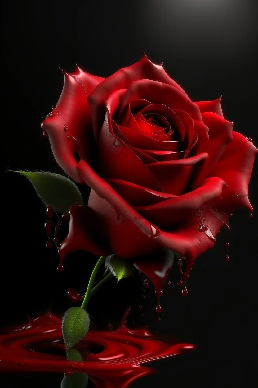 an exciting illustration of a red rose with petals, completely made with transparent red paint flowing down a dark glossy surface, a light spot on the rose, a dark empty background, liquid splashes, complex details, photorealistic