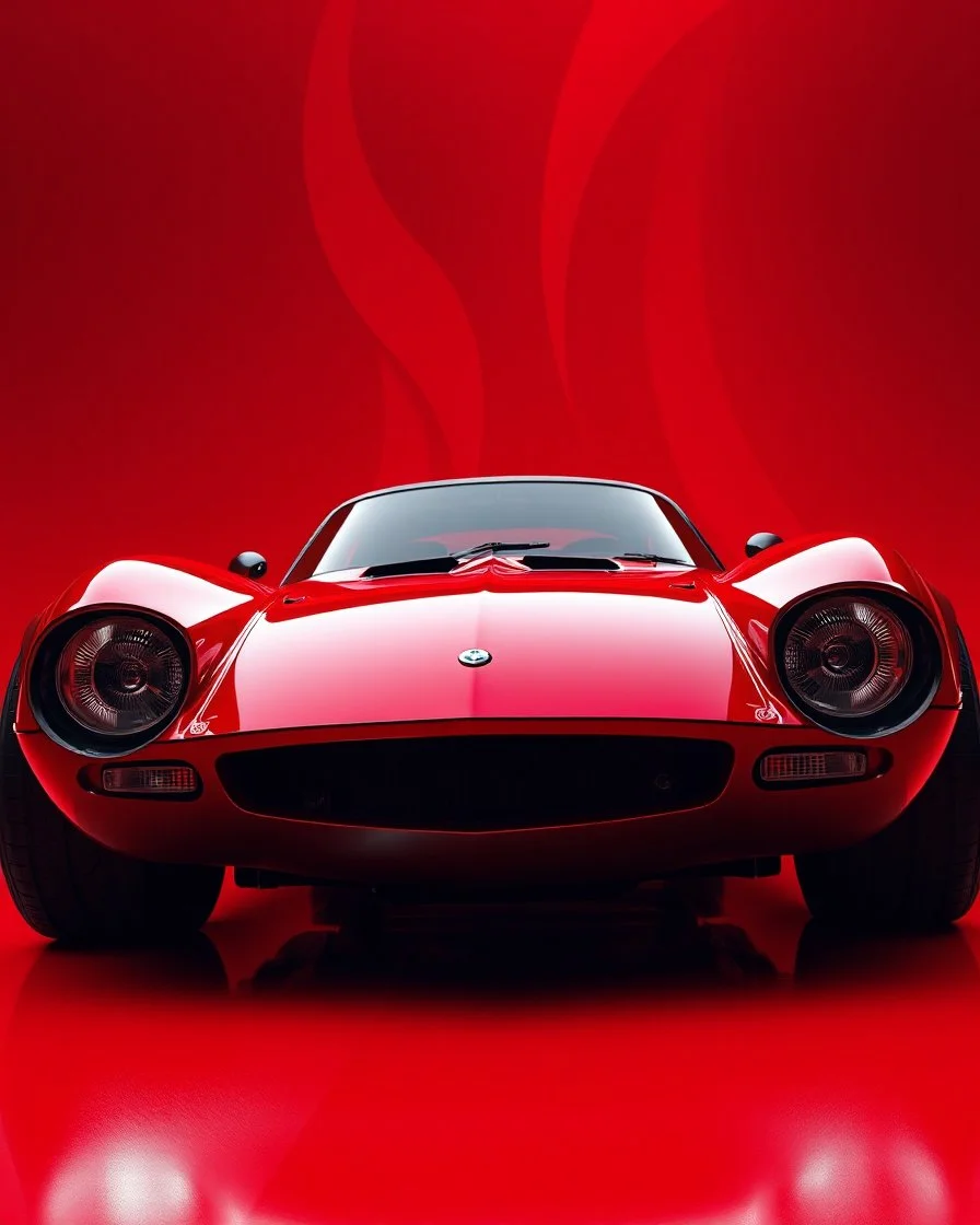 low view angle shot down from upper left front and showing the full vehicle, a 60s futuristic prototype muscle car, large close up a beautiful look up modern is decorated with red abstract, all red background, fisheye lense, vray, raytracing